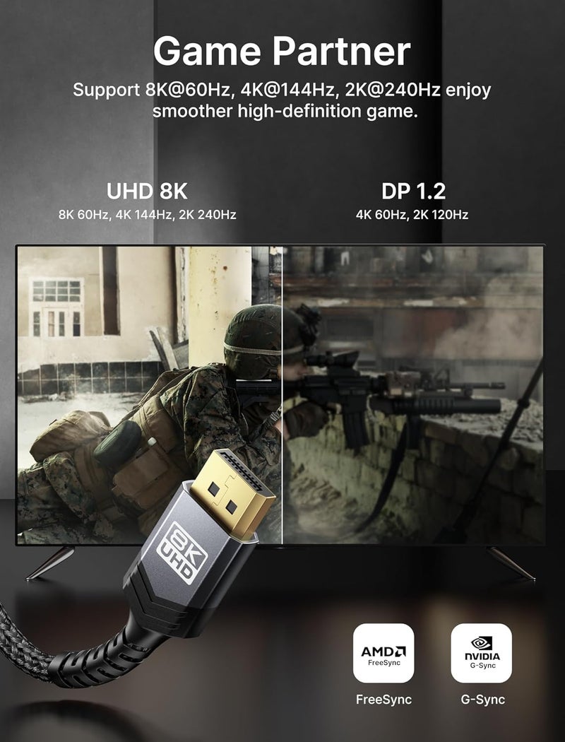 jsaux كابل DisplayPort 1.4 بطول 3.3 قدم | كابل DP عالي السرعة بدقة 8K | 8K@60Hz، 4K@144Hz، 2K@240Hz، HDR 10، 32.4Gbps، متوافق مع FreeSync، G-Sync، شاشة الألعاب، كمبيوتر - رمادي - Image 3